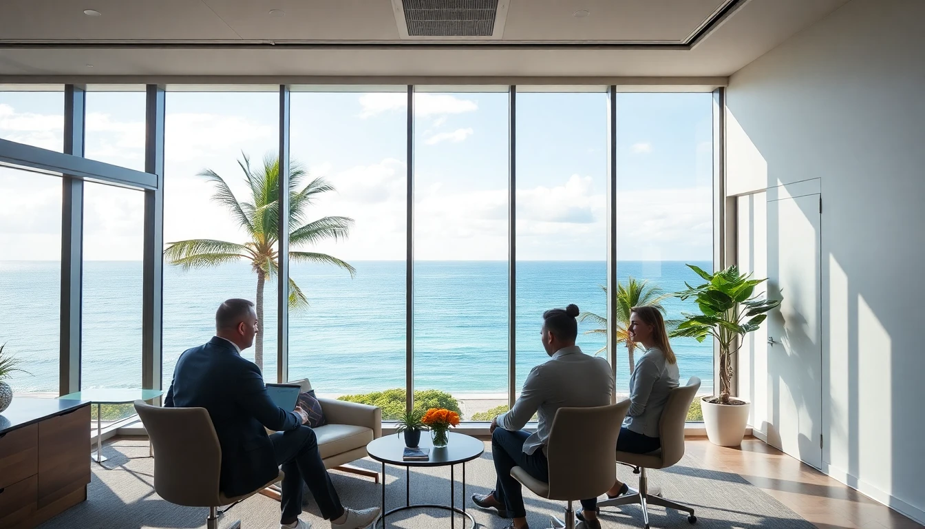 Modern insurance office meeting with a view of palm trees